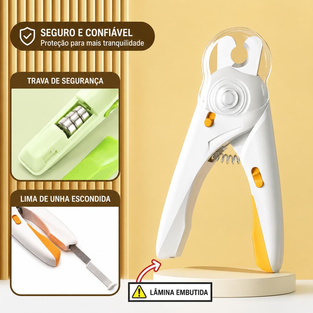 Cortador de Unhas Pet com LED, Trava de Segurança, Retorno Automático e Lima Embutida para Cães e Gatos