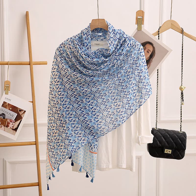 Refrescante sal marinho azul impresso borla cachecol feminino tamanho grande algodão linho xale protetor solar cachecol