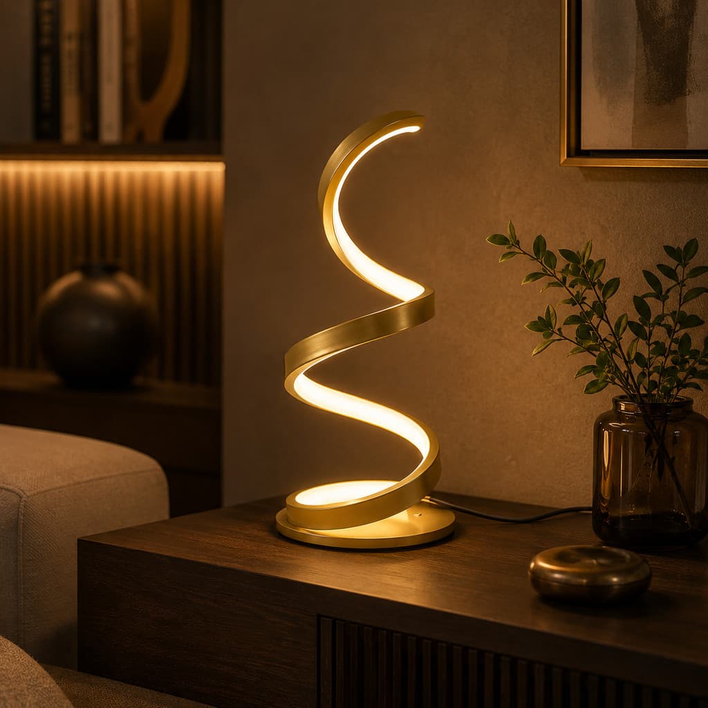 Abajur Luminária De Mesa Espiral Dourada 10W LED Branco Neutro Design Moderno Luxo Paylow
