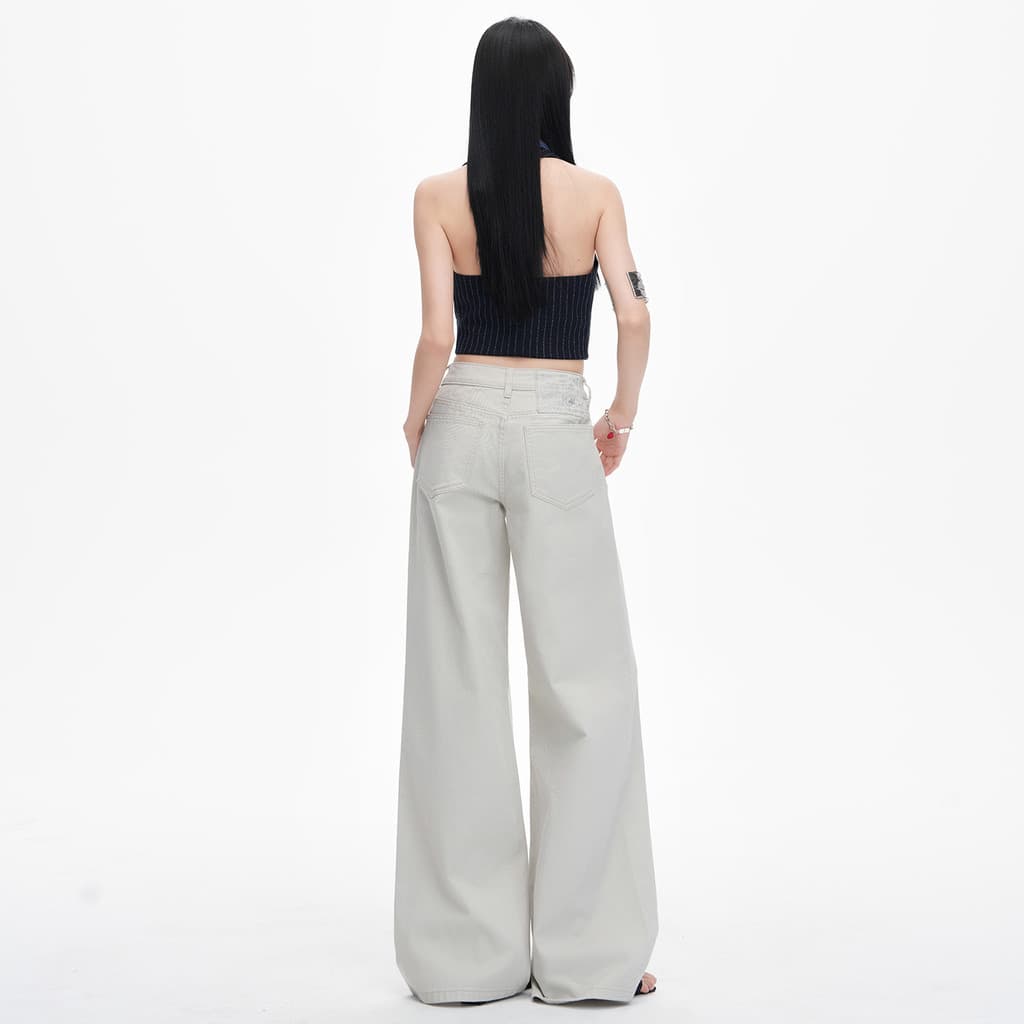 Americano High Street bege Drape Jeans de perna larga feminino 2026 verão novo estilo cintura média All-Match solto chão