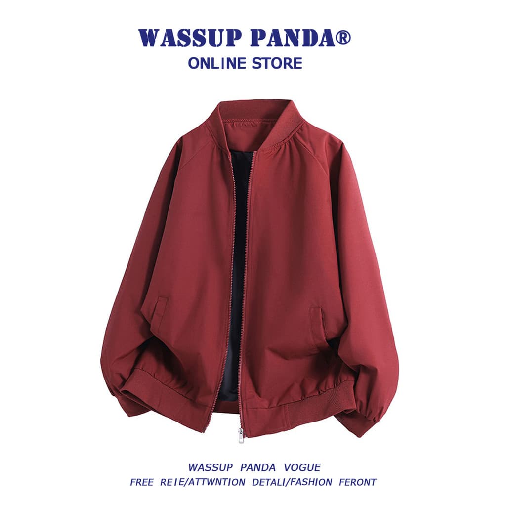 WASSUP PANDA Vinho Vermelho Uniforme de Beisebol Jaqueta Masculina Primavera Outono Street Wear Americano Casual Solto J