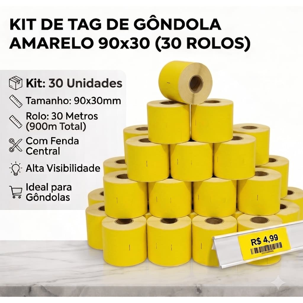 Kit 30 Rolos Tag De Gondola Amarelo 90x30mm 30 Metros Com Fenda Central Precificacao Prateleira