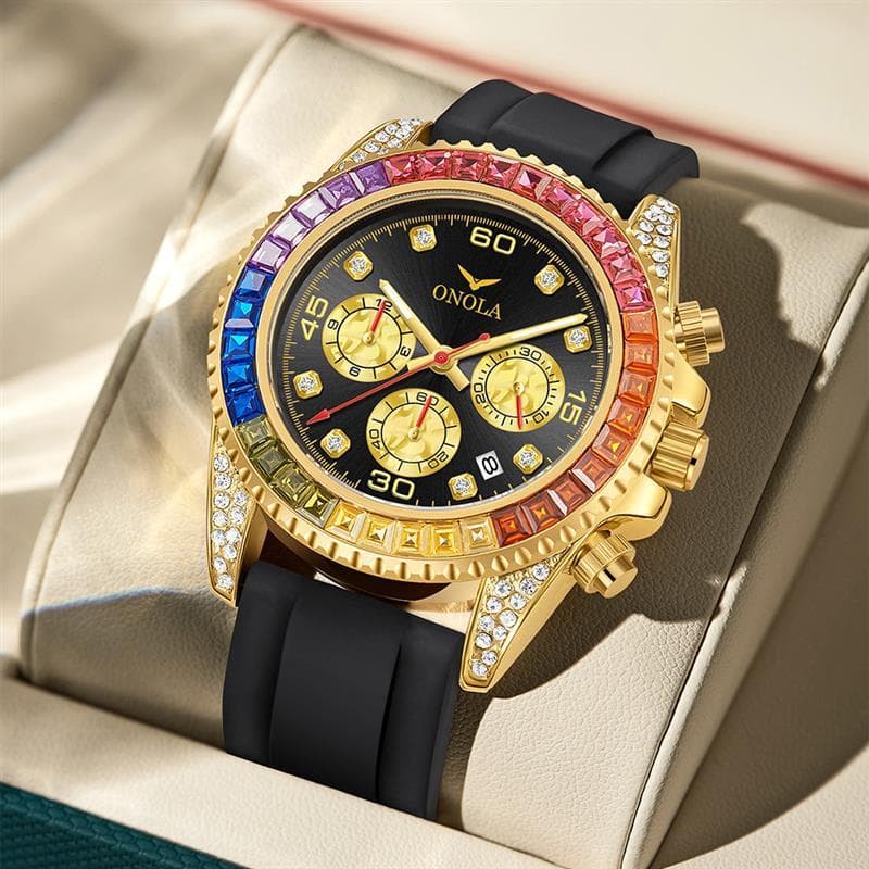 Rainbow Di Relógio Masculino Take Chronograph Business Premium Full Diamond Watch Pulseira de Silicone Esportes Relógio