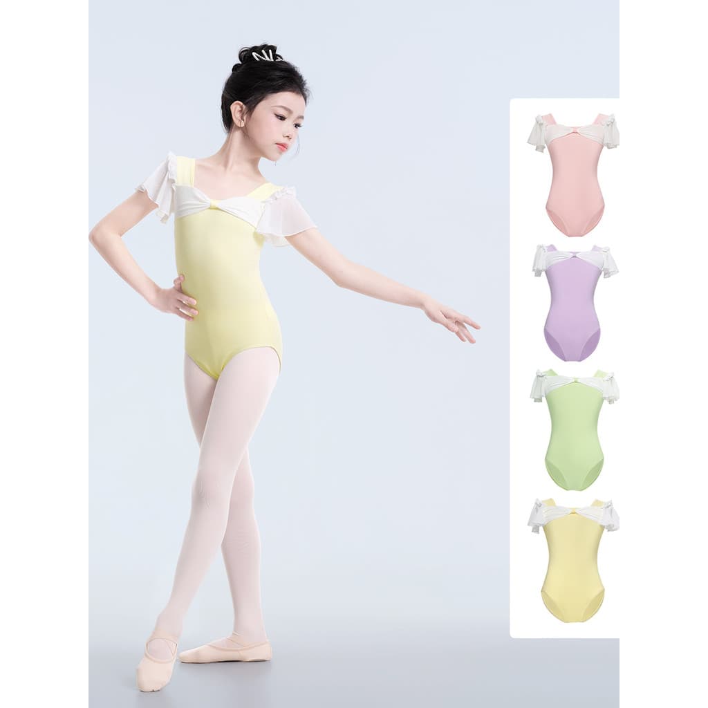 Crianças vestido de balé meninas macacão de manga curta Bowknot decoração multicolorido terno de prática de dança