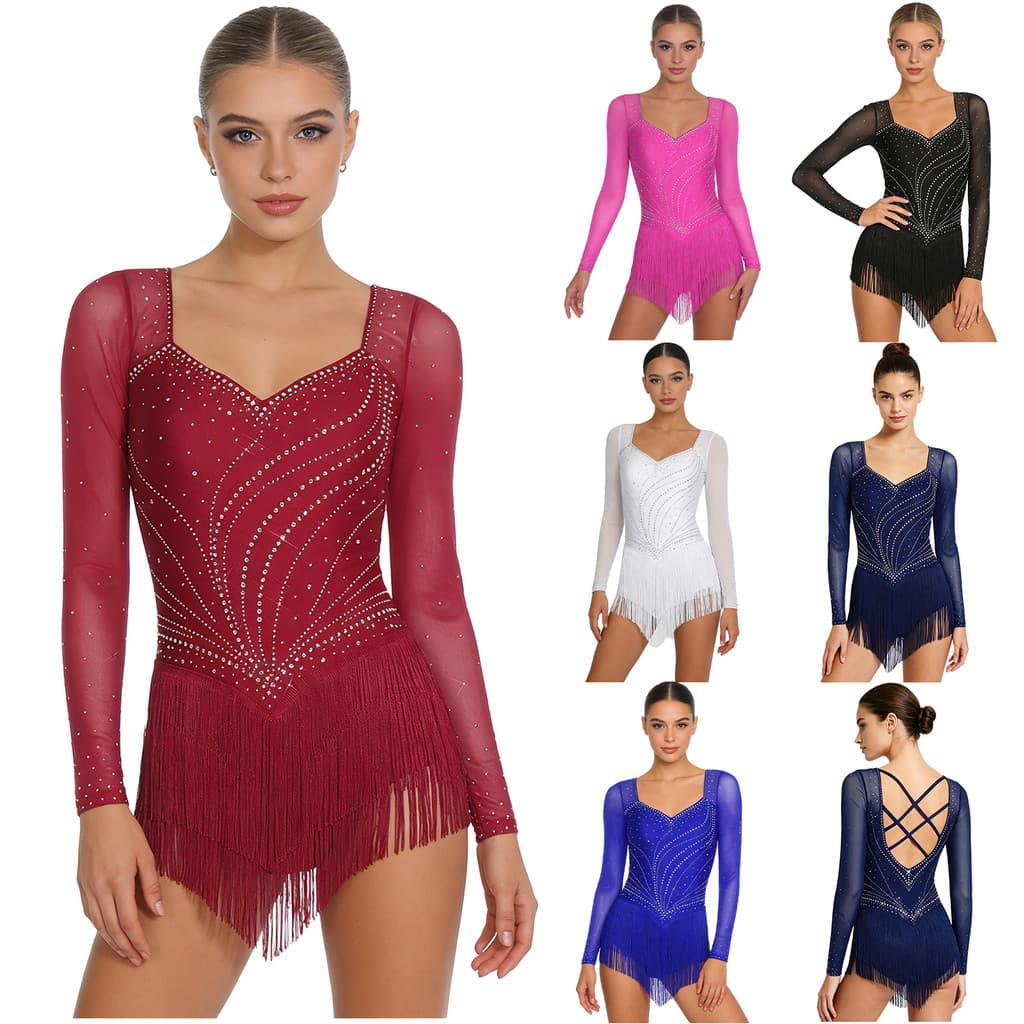 inhzoy Macacão Feminino De Dança Latina Com Strass , Malha De Manga Comprida Tiras Abertas Nas Costas Em Camadas Borla E