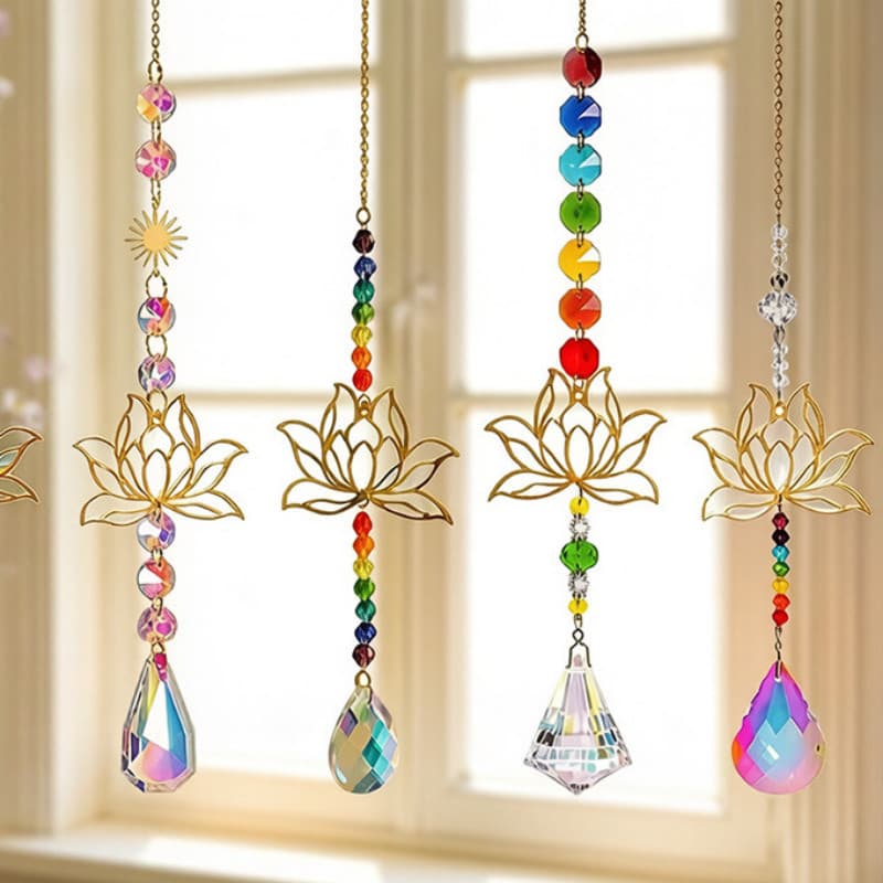 Apanhador de sol em forma de lótus, pingente feito à mão, decoração de sino de vento para janela