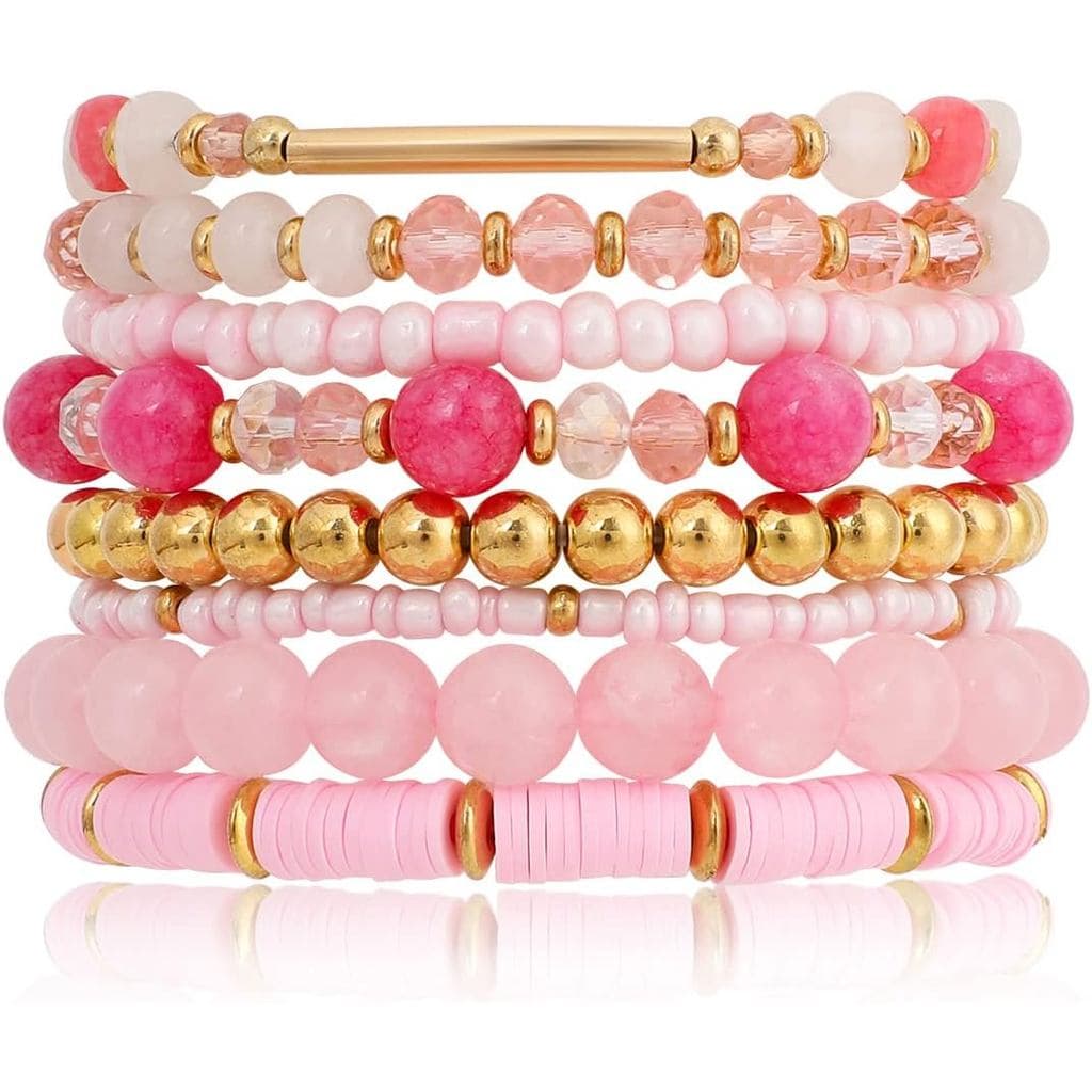 Pulseiras Rosa Boêmias de Múltiplas Camadas com Contas, Conjunto de 8 Peças Versáteis de Pulseiras Elásticas com Contas