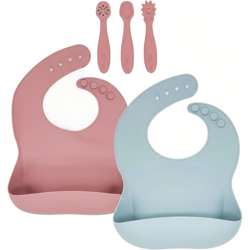 Babadores de Silicone para Bebês 2 peças com Colheres de Silicone para Alimentação Autônoma, Impermeáveis, Macios