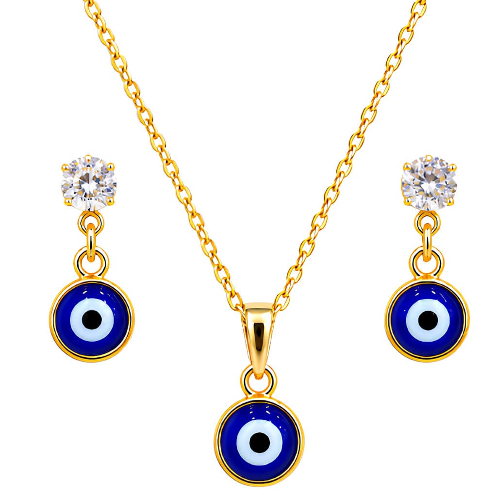 Conjunto Olho Grego Azul Folheado Colar e Brincos Delicado Elegante