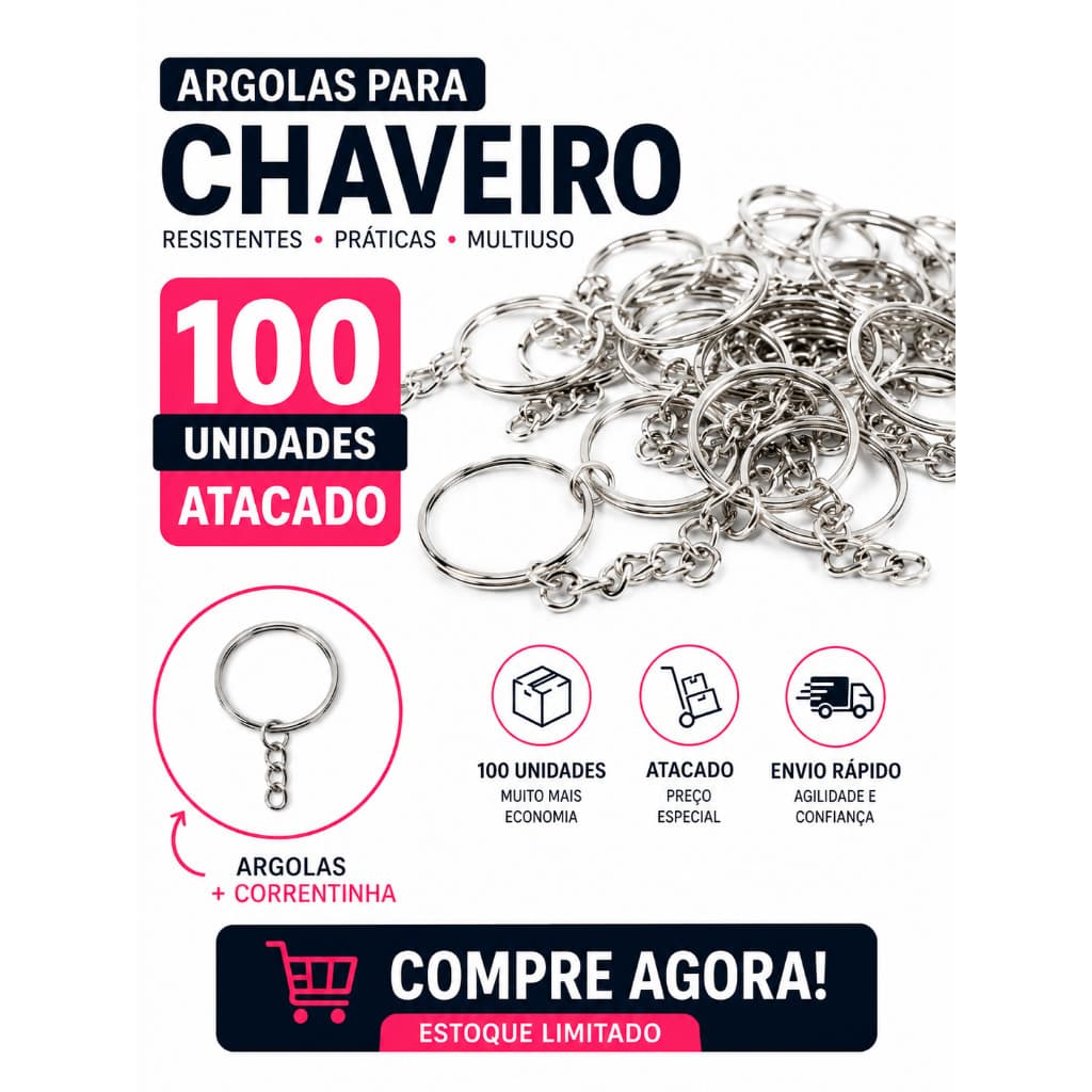 Argola Para Chaveiro 25mm Com Corrente Kit 10 50 100 Unidades