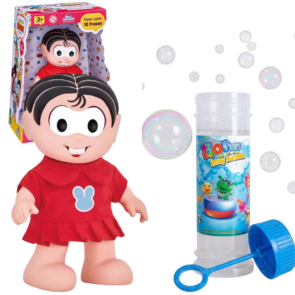 Boneca Monica 21CM Fala 10 Frases Turma da Monica + Bolha de Sabão