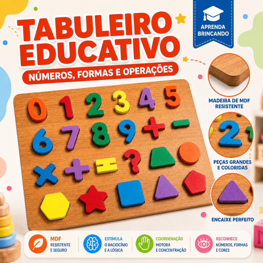 Brinquedo Educativo Tabuleiro MDF Números Formas Encaixe Infantil Pedagógico Coordenação Motora