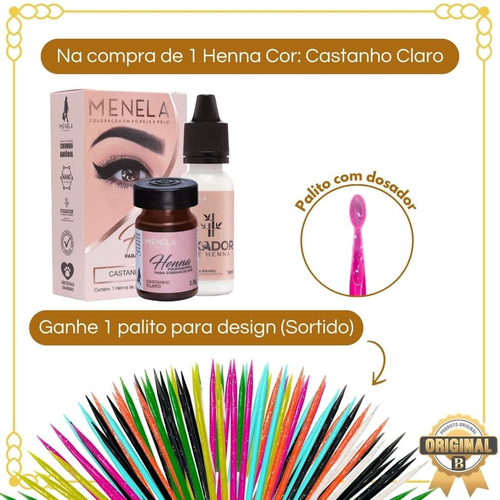 Kit Henna Castanho Claro Menela + Palito Para Design De Sobrancelhas (Sortido)