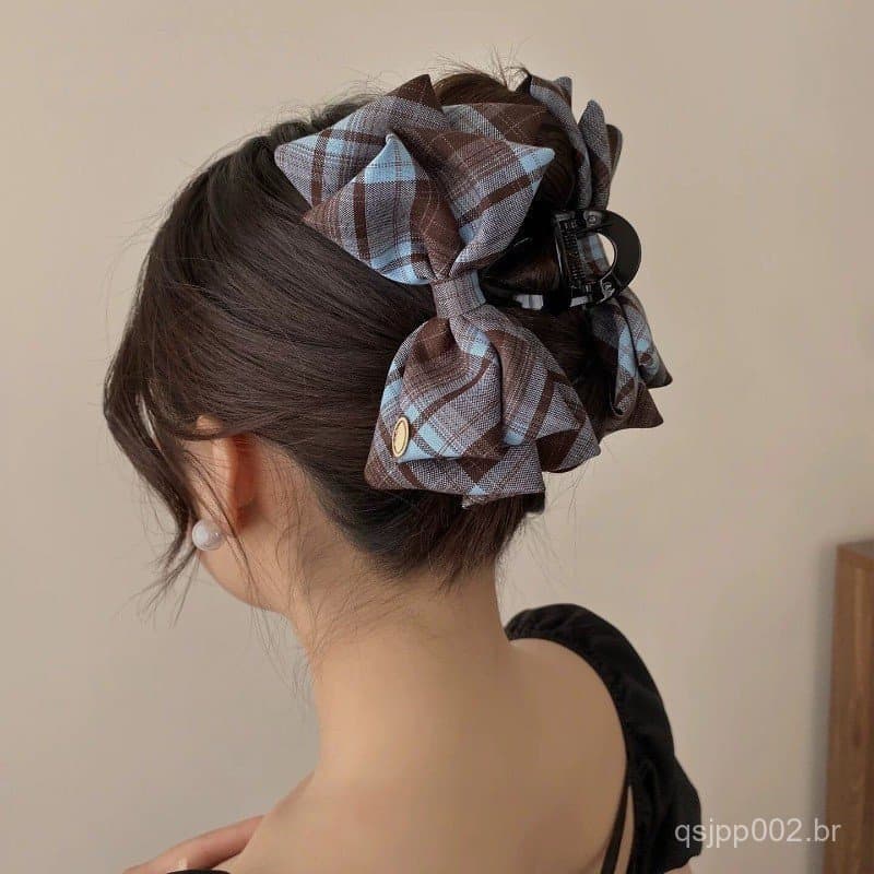 Estilo ocidental simples etiqueta de ouro cabelo tubarão clipe estilo Preppy estilo coreano xadrez arco clipe feminino a