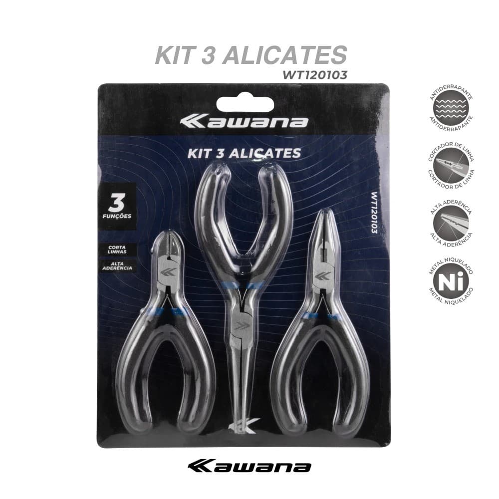 Kit Alicates Pesca Kawana 3 Peças Multifunção Corta Linha Tira Anzol