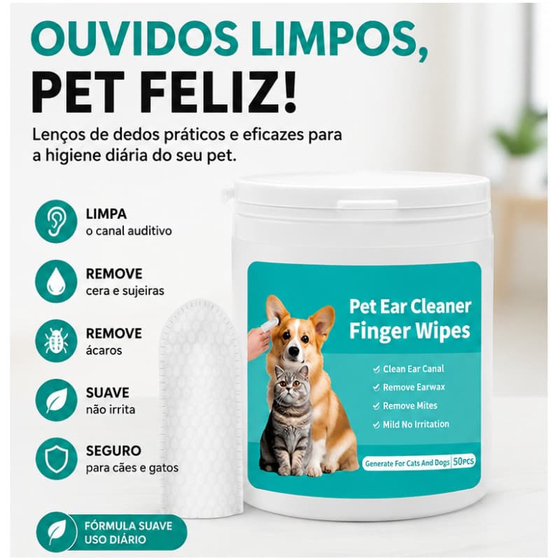 LENÇOS DEDAIS PARA LIMPEZA DE OUVIDO PET – CÃES E GATOS | 50 UNIDADES