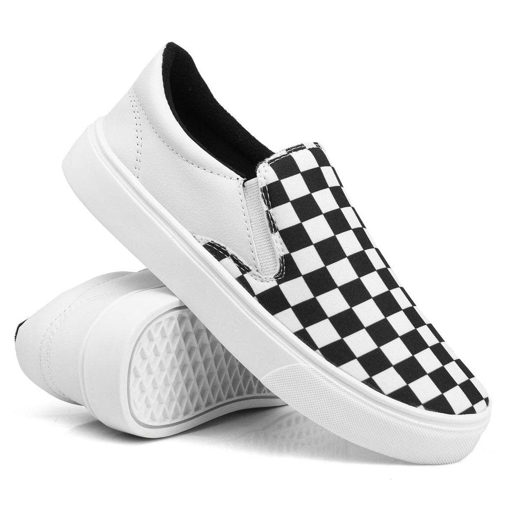 Tenis Xadrez Casual Slip On Casual Preto e Branco Iate Sem Cadarço Estilo Tendência Streetwear