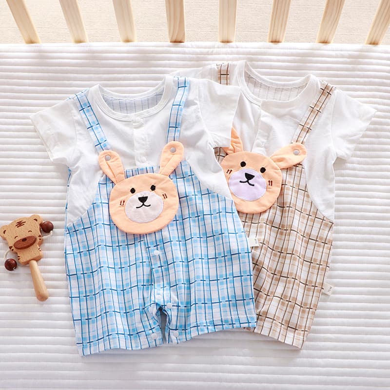 Macacão de bebê verão manga curta algodão fino roupas do bebê menino falso de duas peças bebê verão pijamas macacão