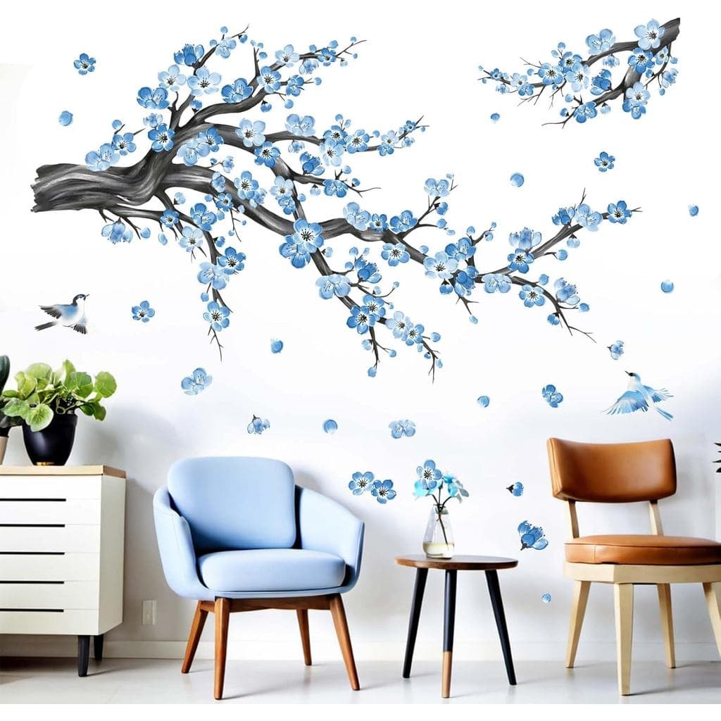 Adesivos de Parede Flor de Cerejeira para Quarto: Adesivos de Parede com Flores, Pássaros e Galhos de Árvore Azuis - Dec