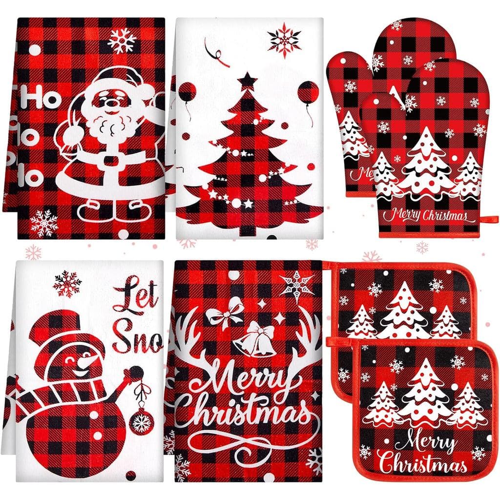 Conjunto de 8 Peças de Luvas de Forno, Panos de Prato e Pegadores de Panela de Natal, Estilo Fazenda, Xadrez Vermelho Bú