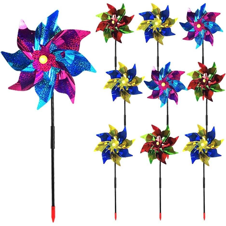 Paper Master - Pacote com 10 Cataventos de Jardim com Estacas de Plástico |   Conjunto de Rodas de Pinos Brilhantes de 2