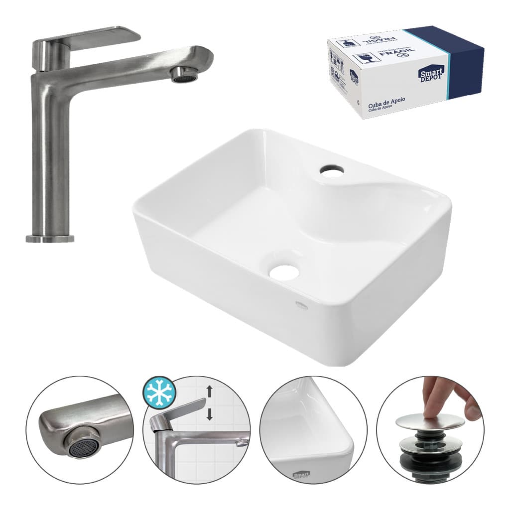Kit Cuba SMART Louça + Torneira ECO ESCOVADA + Válvula Click
