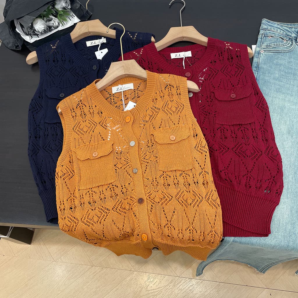 Colete de malha oco feminino primavera novo estilo moda High-End sentimento elegante exterior Wear Cardigan C#20