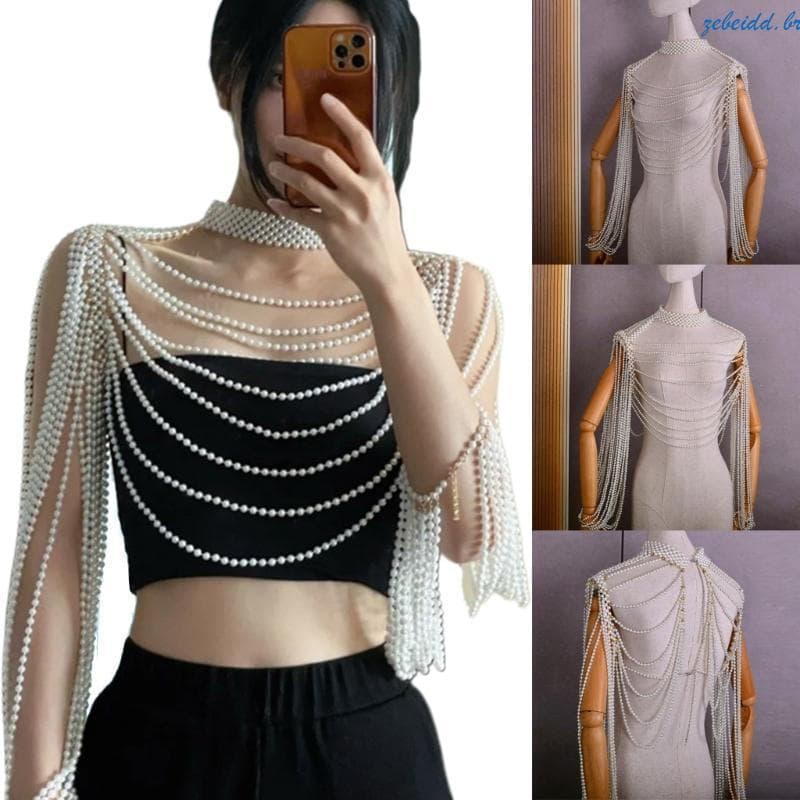zebeidd Moda Artesanal Pérola Corrente Corporal Para Festa Ombro Borlas Feminina