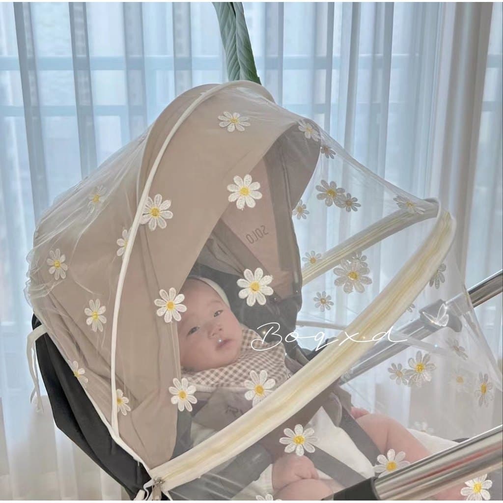 Versão coreana carrinho de bebê bordado margarida mosquiteiro capa completa Universal carrinho de bebê mosquiteiro carri