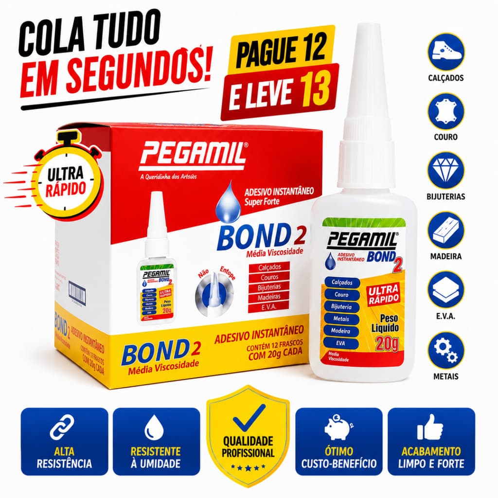 Kit 13 Cola Instantânea Pegamil Bond 20g Ultra Rápida Couro Madeira EVA Metal