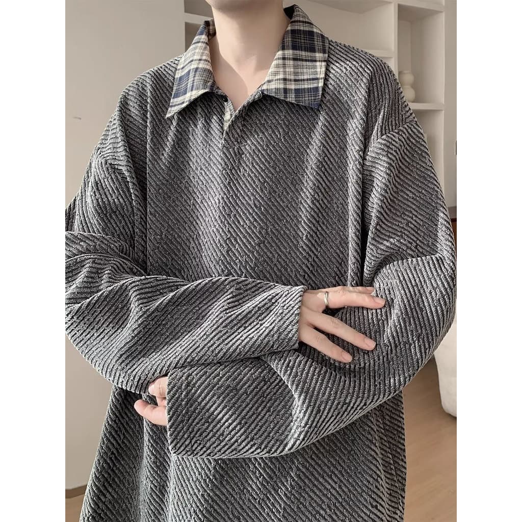 Chenille Tweed contraste cor camisa gola de malha moletom masculino outono americano listras diagonais falso de duas peç