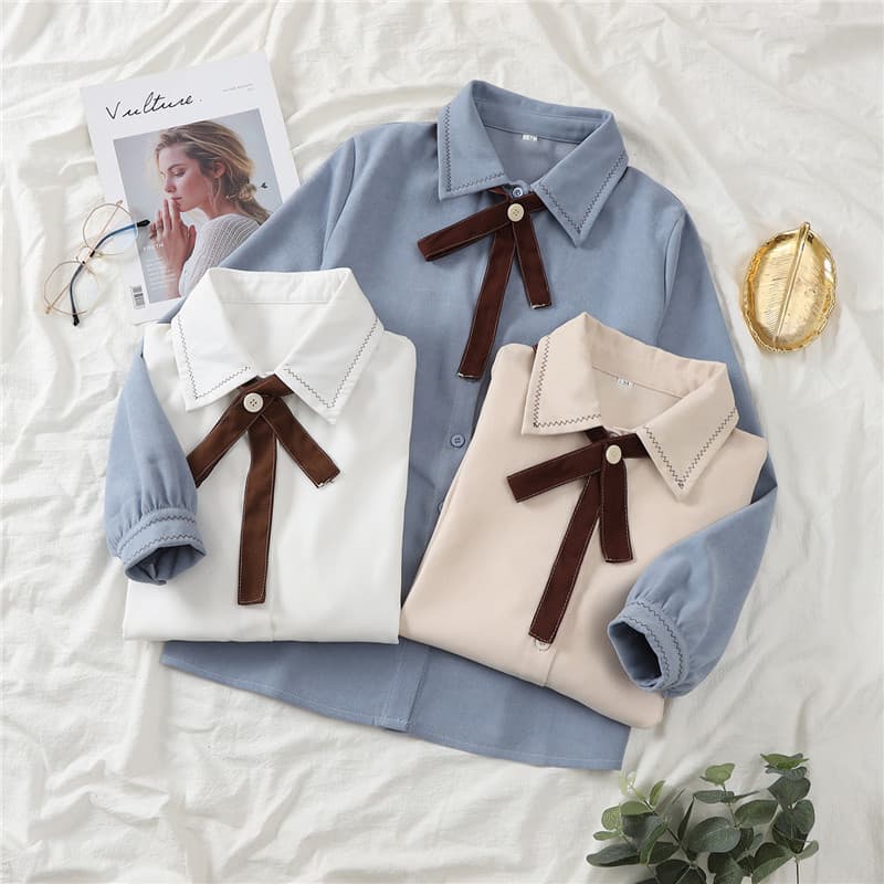 Outono inverno estilo Preppy arco veludo camisa feminina de manga comprida camisa superior Bottoming Design grosso nicho