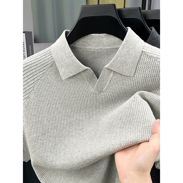 [100% algodão] Camisa Polo masculina com gola gaivota, elegante, combinada, de malha, manga curta, respirável, cor sólid