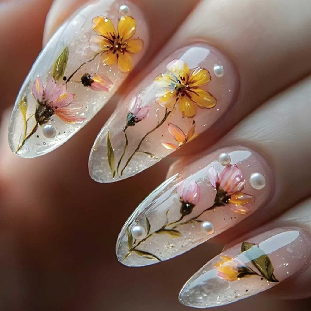 Unhas Falsas De Amêndoa-Brilho Imprensa Em Curtas De Luxo Pérolas Acrílicas Dicas De Margarida Para Mulheres E Meninas 2