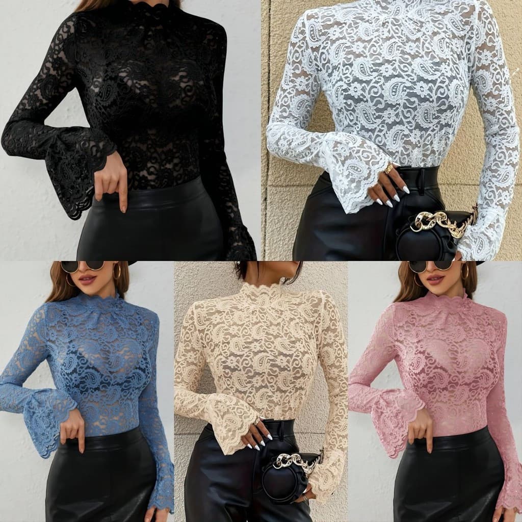 Blusa Feminina Manga Comprida Sino Camisas De Renda Gola Alta Slim Fit Camisa De Fundo