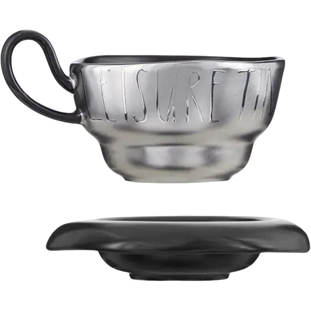 Conjunto de Caneca e Prato de Café com Acabamento em Titânio Cinza Vulcânico (8 oz) |   Copo Cerâmico Esculpido Moderno
