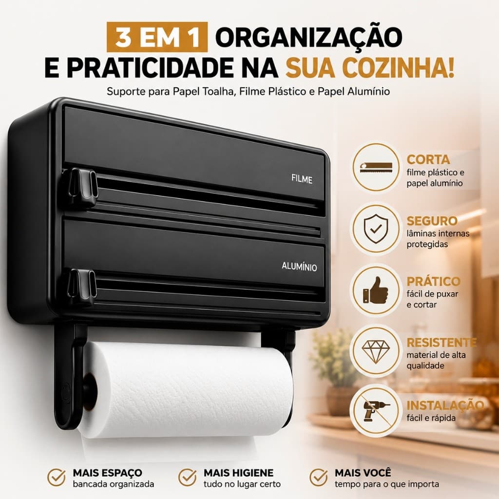 Suporte Papel Toalha Porta Filme Plástico Papel Alumínio Organizador Cozinha Parede 3 Em 1