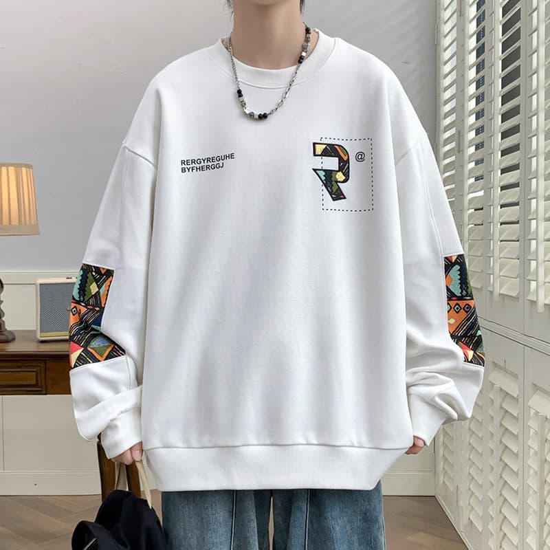 Moletom com gola redonda masculino primavera outono estilo americano Street Wear costura pulôver Top adolescente solto C