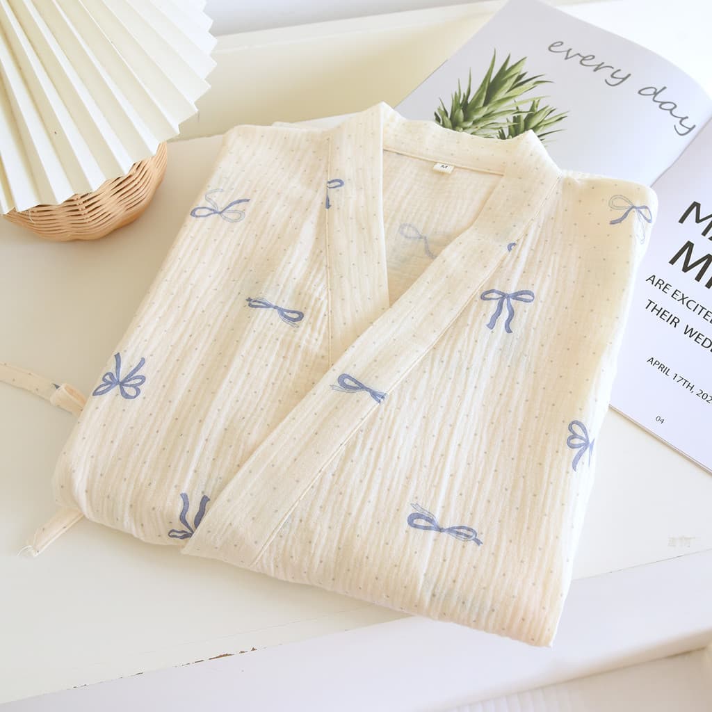 Camisola de algodão puro feminina fio de algodão de camada dupla primavera outono algodão japonês quimono pijamas de com