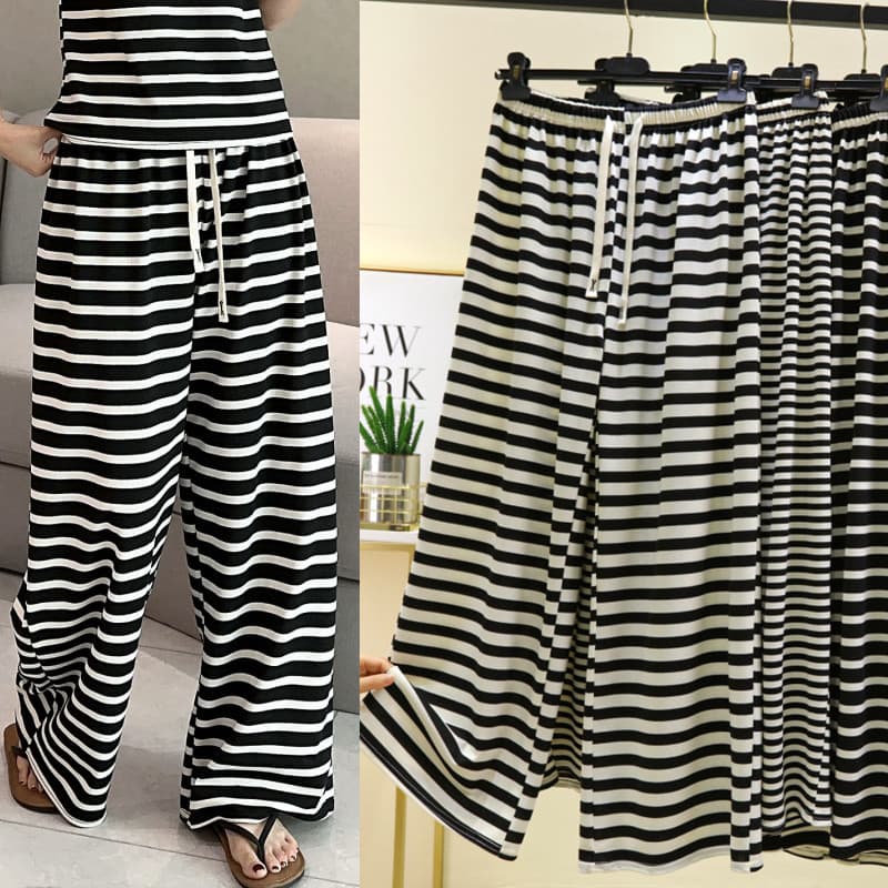 Primavera verão estilo preguiçoso estilo fino preto branco listrado calças de perna larga feminino solto exterior usar c
