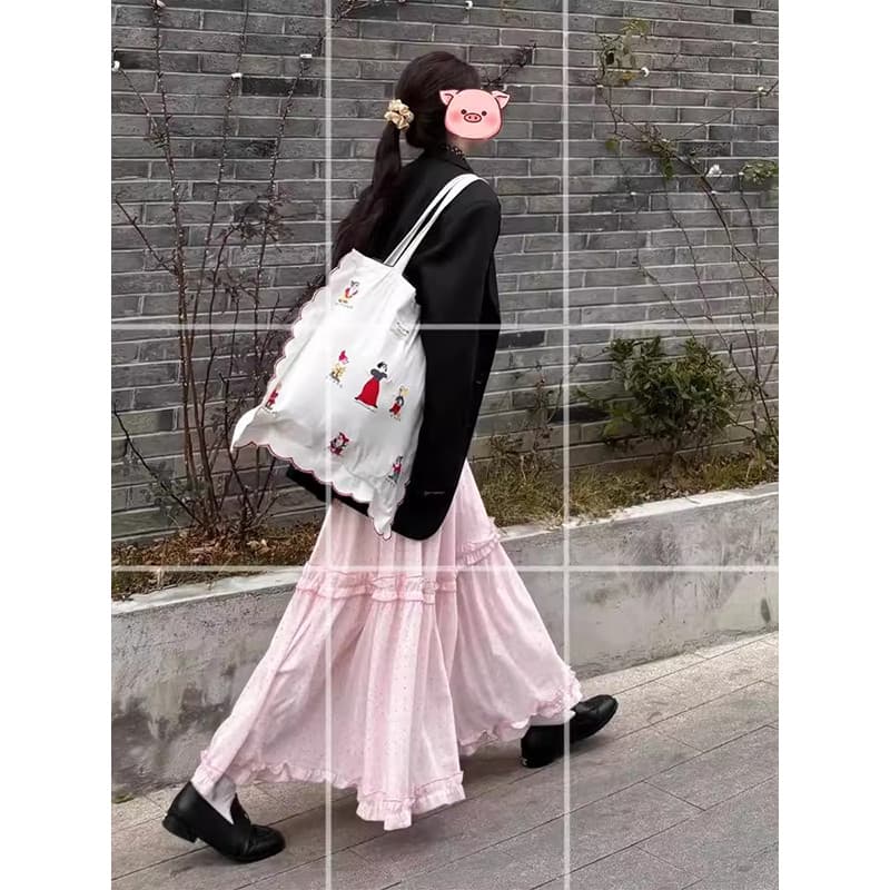 Estilo coreano verão novo estilo suave doce menina rosa bolinhas bolo feminino cintura elástica All-Match saia de compri