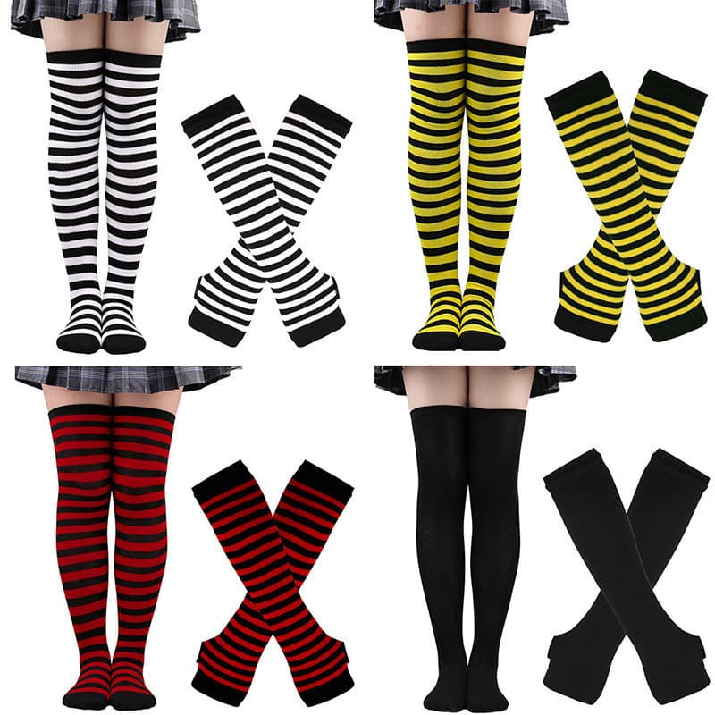 Conjunto de Meias Altas e Luvas para Halloween, Aquecedores de Braço Longos e Quentes com Listras para Cosplay Casual EH