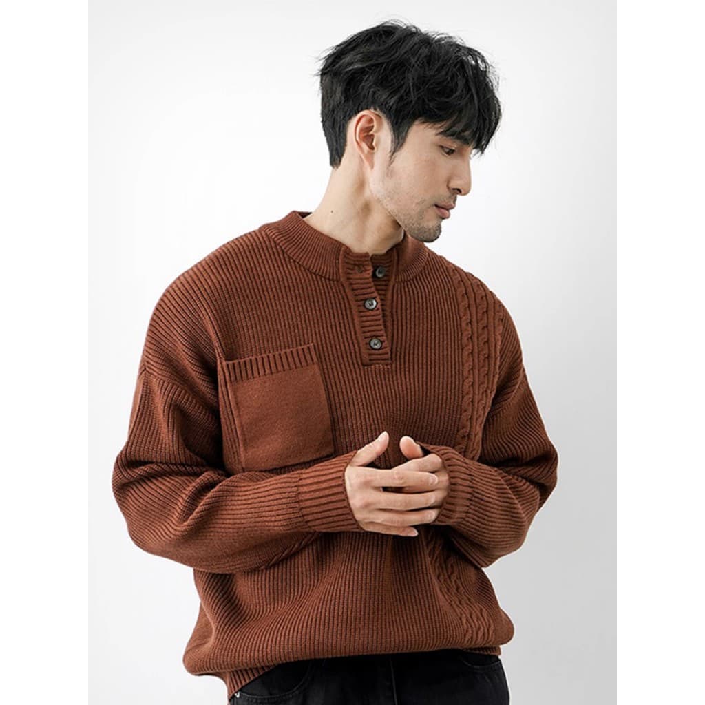 Suéter americano retrô Henry Collar masculino Casual listrado quente inverno Top Design sentido marrom malha suor