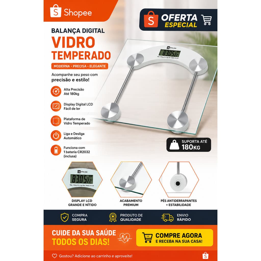 Balança Digital de Vidro Temperado com Visor LCD de Alta Precisão