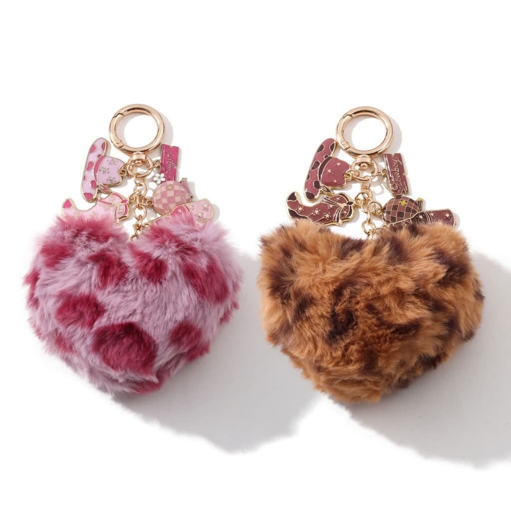 1pc Rosa Marrom Leopardo Impressão Em Forma De Coração Bola De Pele Chapéu Botas Esmalte Chaveiro Tema Cowboy Ocidental