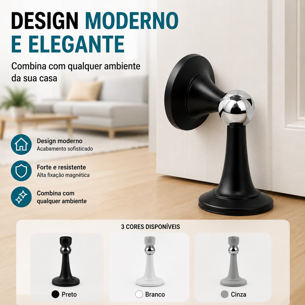 Batente Magnético para Porta com Ímã Forte, Silencioso, Sem Furos, Instalação na Parede ou Piso, Aço Inoxidável