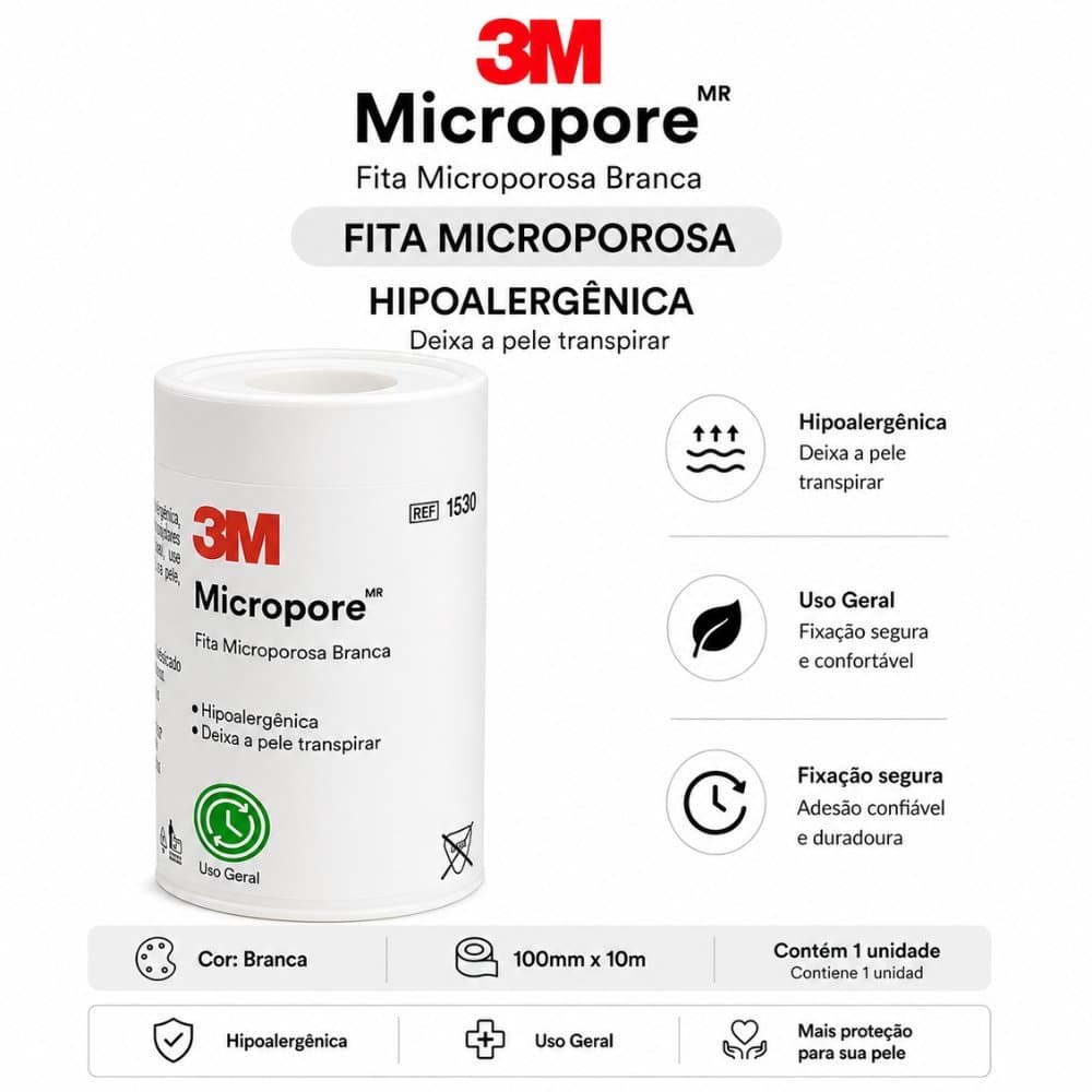 FITA MICROPORE HIPOALERGÊNICA BRANCA - 3M 100MM X 10M