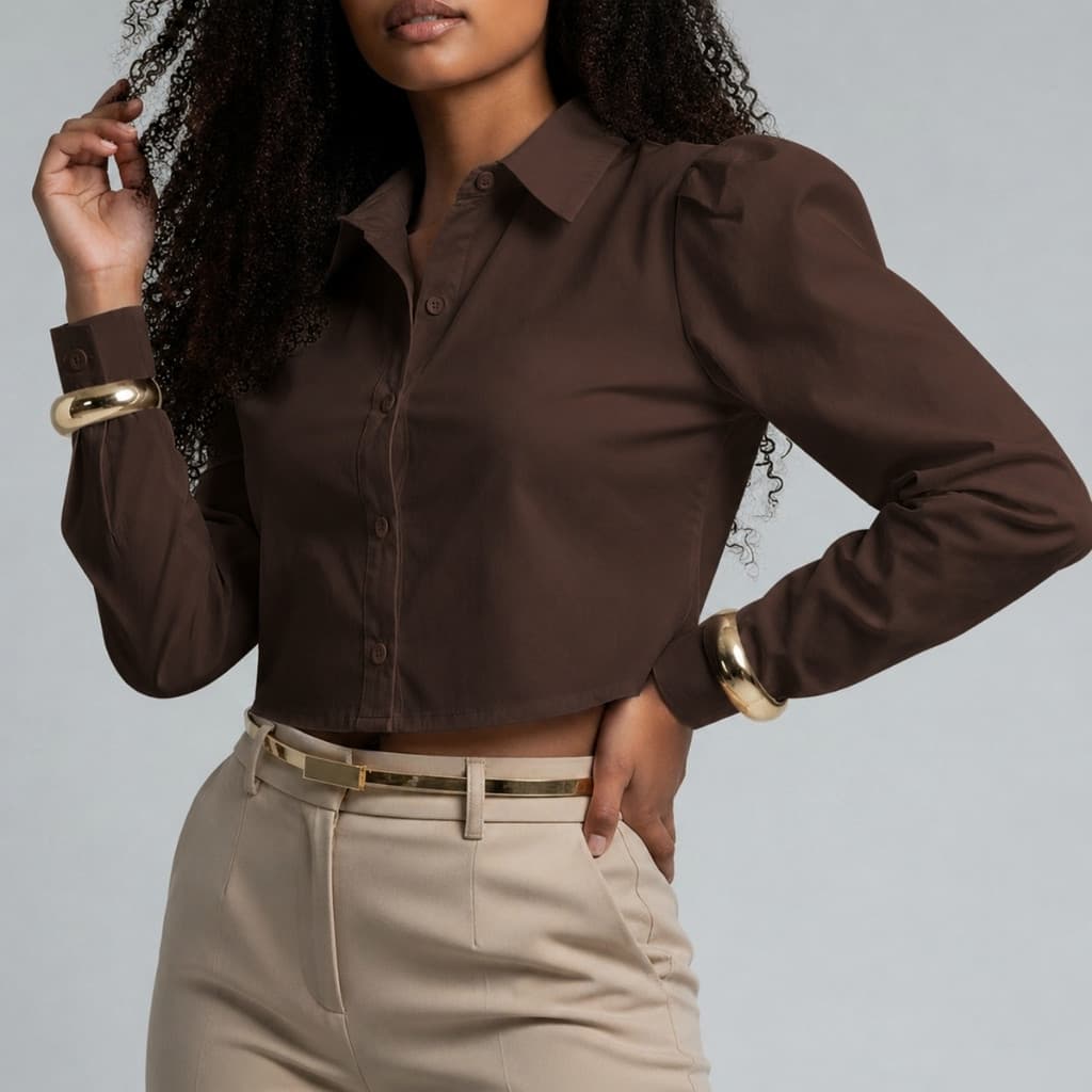 Camisa Feminina Social Cropped Tricoline Manga Longa Premium