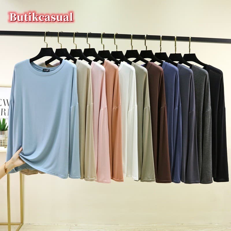 Camiseta Feminina Modal De Manga Comprida Primavera Verão Plus Size Gola Redonda Morcego Casual Top Básico