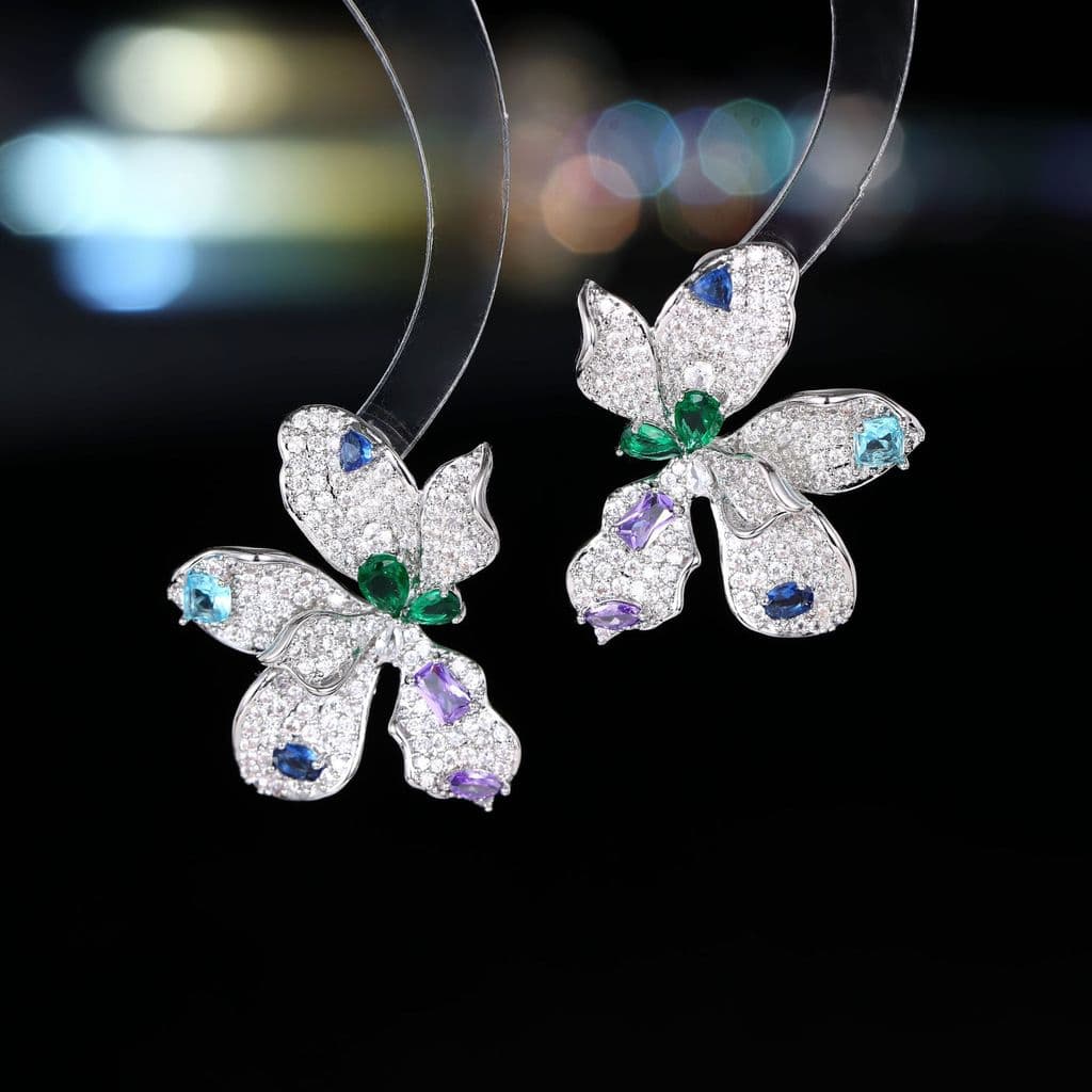 Europeu americano moda indústria pesada Micro-incrustado colorido zircônio tridimensional flor brincos s925 prata agulha